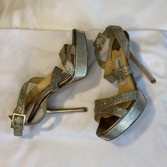 Jimmy Choo Silver Glitter Platform Stiletto Strappy Sandals - Picture 6 of 13